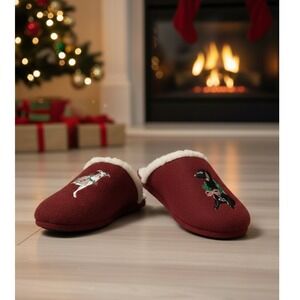 Lands End Sherpa Lined Clog House Slippers Womens 8 Dog Christmas Embroidered